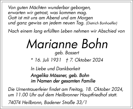 Traueranzeige von Marianne Bohn von GESAMT