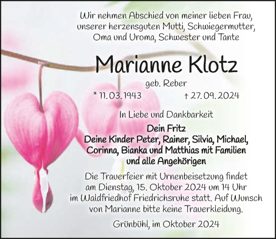 Traueranzeige von Marianne Klotz von GESAMT