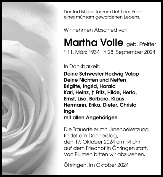 Traueranzeige von Martha Volle von GESAMT