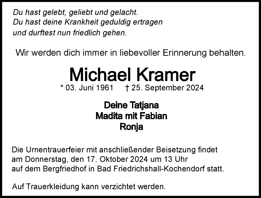  Traueranzeige für Michael Kramer vom 12.10.2024 aus GESAMT