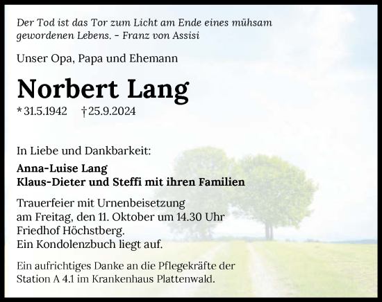 Traueranzeige von Norbert Lang von GESAMT