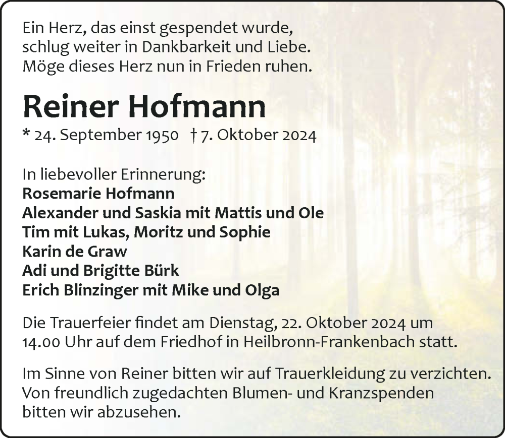  Traueranzeige für Reiner Hofmann vom 19.10.2024 aus GESAMT