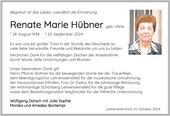 Traueranzeige von Renate Hübner von GESAMT