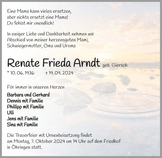 Traueranzeige von Renate Frieda Arndt von GESAMT