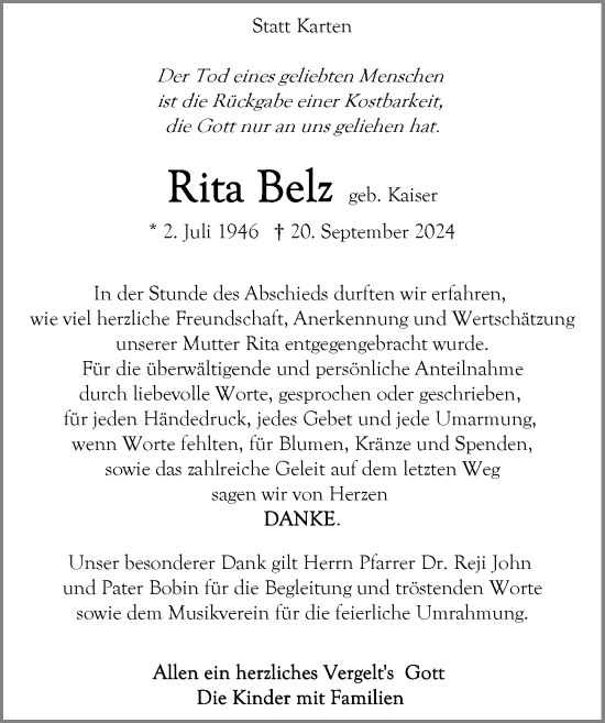 Traueranzeige von Rita Belz