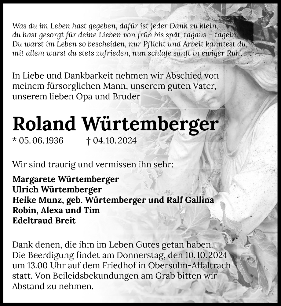  Traueranzeige für Roland Würtemberger vom 08.10.2024 aus GESAMT