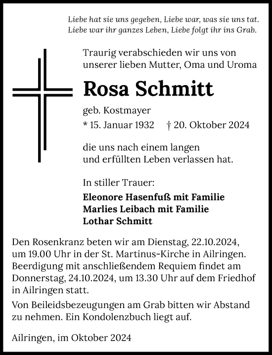 Traueranzeige von Rosa Schmitt von GESAMT