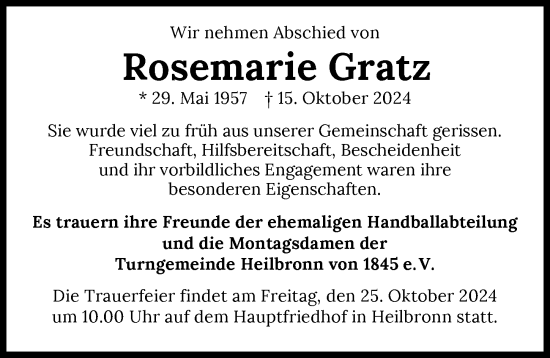 Traueranzeige von Rosemarie Gratz von GESAMT