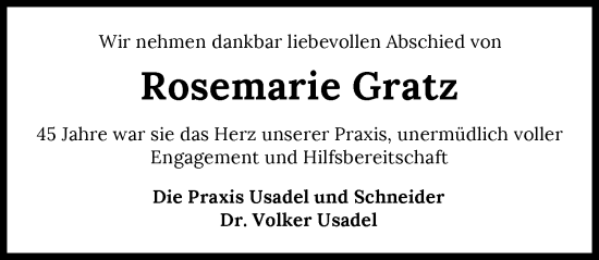 Traueranzeige von Rosemarie Gratz von GESAMT