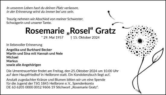 Traueranzeige von Rosemarie Gratz von GESAMT