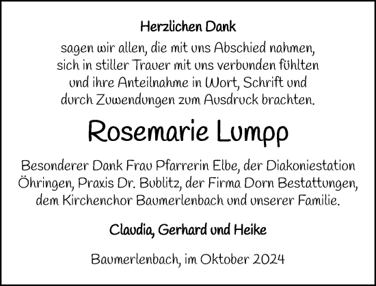 Traueranzeige von Rosemarie Lumpp von GESAMT