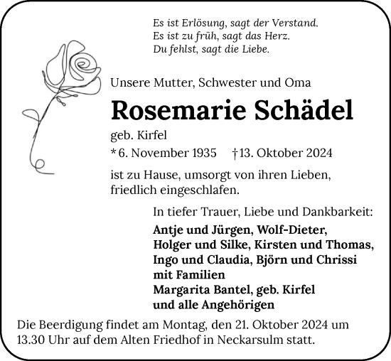 Traueranzeige von Rosemarie Schädel von GESAMT