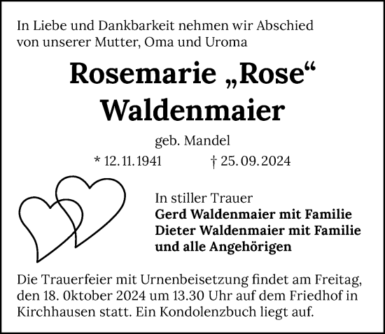 Traueranzeige von Rosemarie Waldenmaier von GESAMT