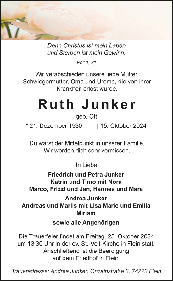 Traueranzeige von Ruth Junker von GESAMT