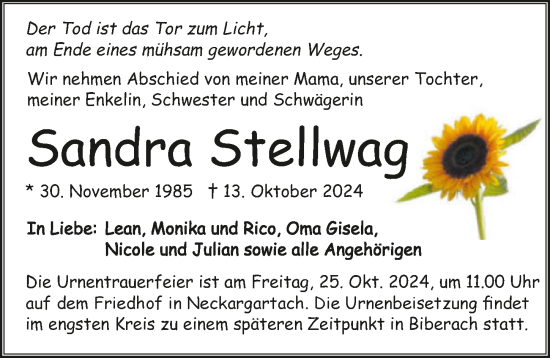 Traueranzeige von Sandra Stellwag von GESAMT