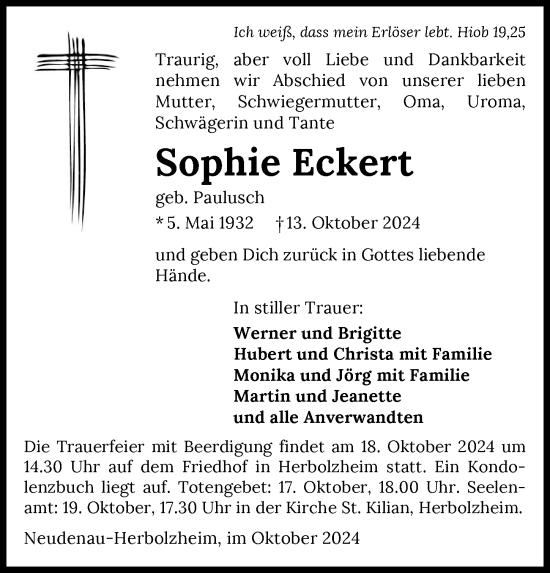 Traueranzeige von Sophie Eckert von GESAMT