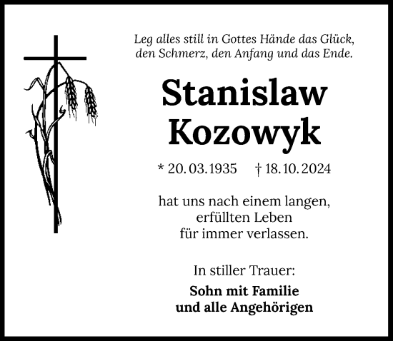 Traueranzeige von Stanislaw Kozowyk von GESAMT