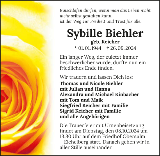 Traueranzeige von Sybille Biehler von GESAMT