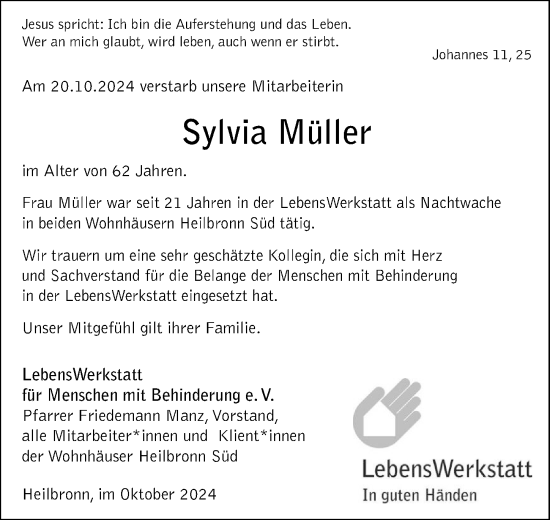 Traueranzeige von Sylvia Müller von GESAMT