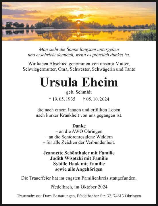 Traueranzeige von Ursula Eheim von GESAMT