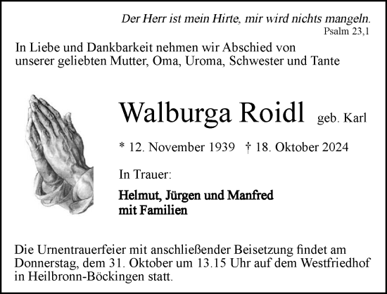 Traueranzeige von Walburga Roidl von GESAMT