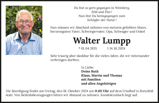 Traueranzeige von Walter Lumpp von GESAMT