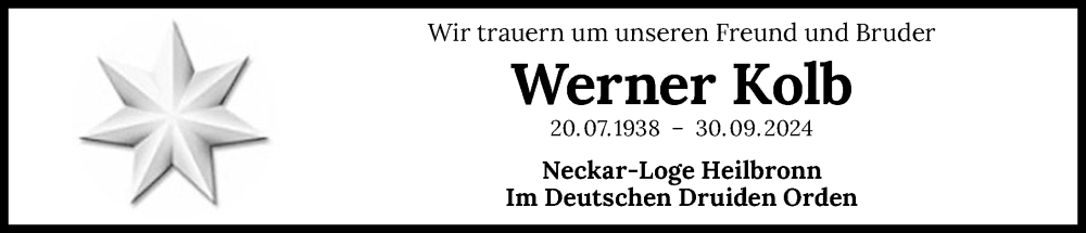  Traueranzeige für Werner Kolb vom 05.10.2024 aus GESAMT