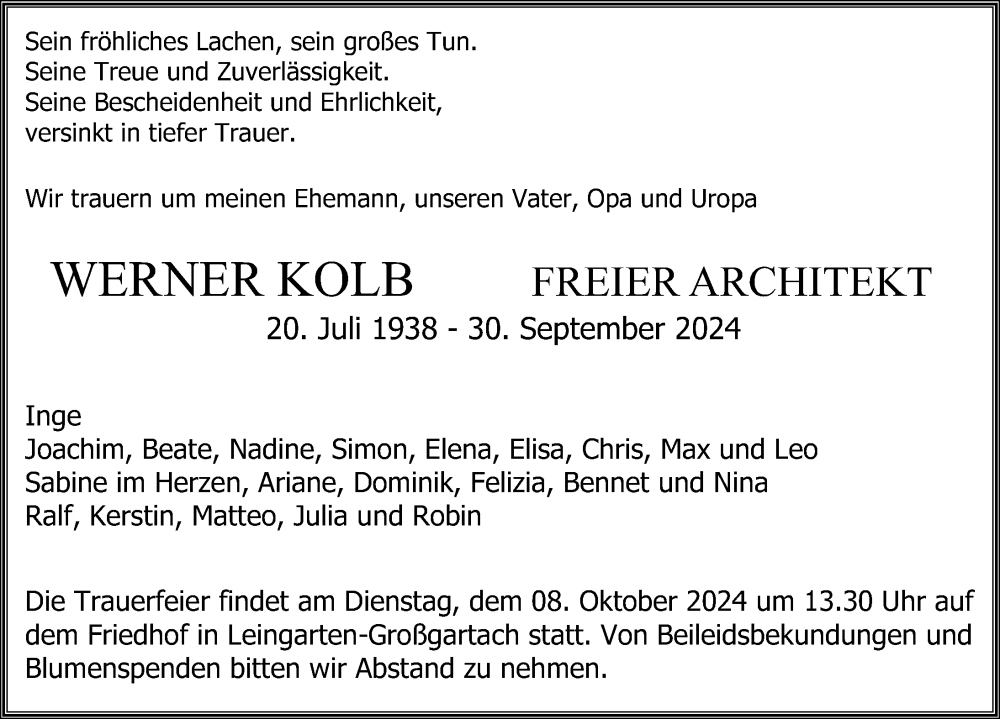  Traueranzeige für Werner Kolb vom 05.10.2024 aus GESAMT