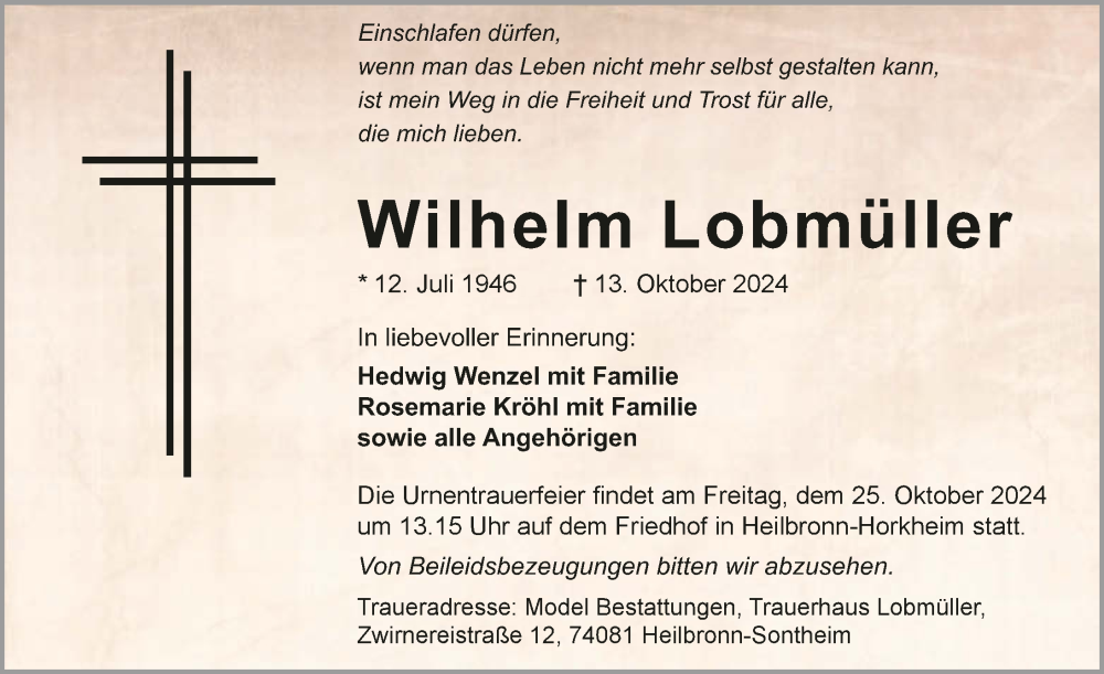  Traueranzeige für Wilhelm Lobmüller vom 19.10.2024 aus GESAMT