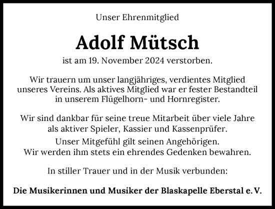 Traueranzeige von Adolf Mütsch von GESAMT