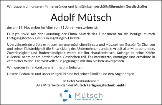 Traueranzeige von Adolf Mutsch von GESAMT