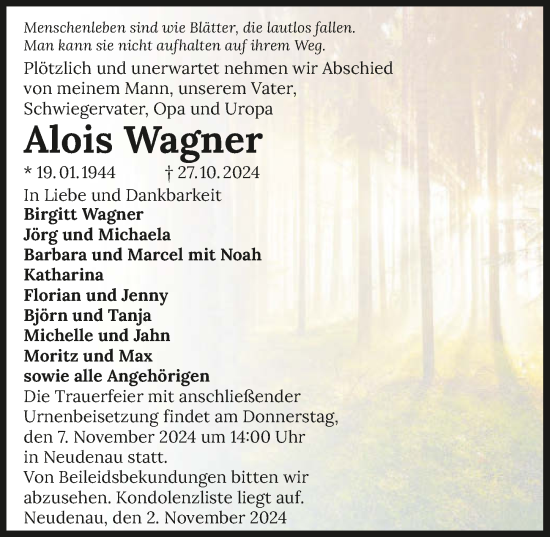 Traueranzeige von Alois Wagner von GESAMT