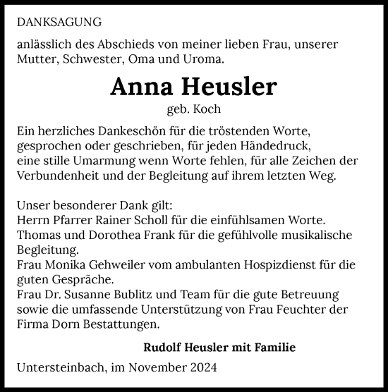 Traueranzeige von Anna Heusler von GESAMT