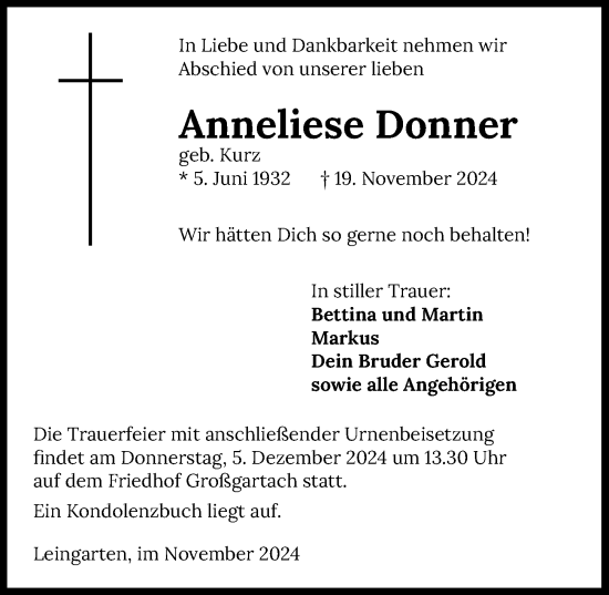 Traueranzeige von Anneliese Donner von GESAMT