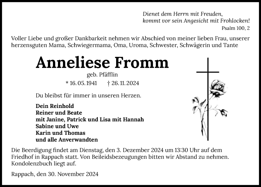  Traueranzeige für Anneliese Fromm vom 30.11.2024 aus GESAMT