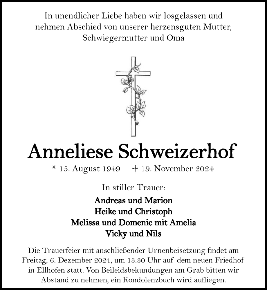  Traueranzeige für Anneliese Schweizerhof vom 30.11.2024 aus GESAMT