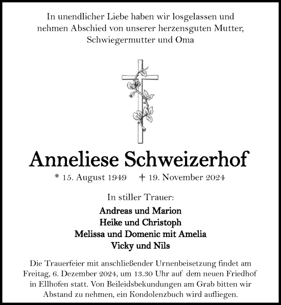 Traueranzeige von Anneliese Schweizerhof von GESAMT