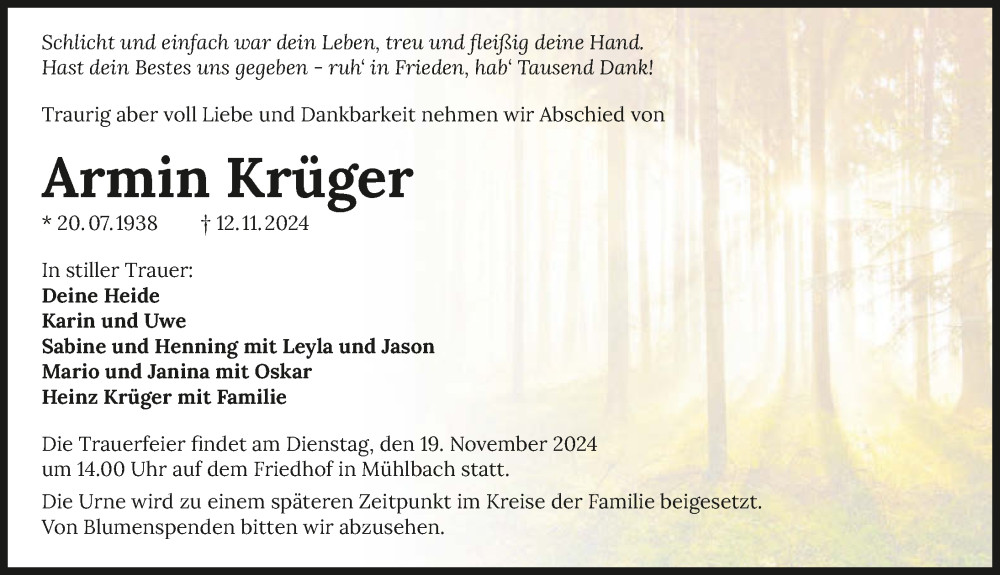  Traueranzeige für Armin Krüger vom 16.11.2024 aus GESAMT