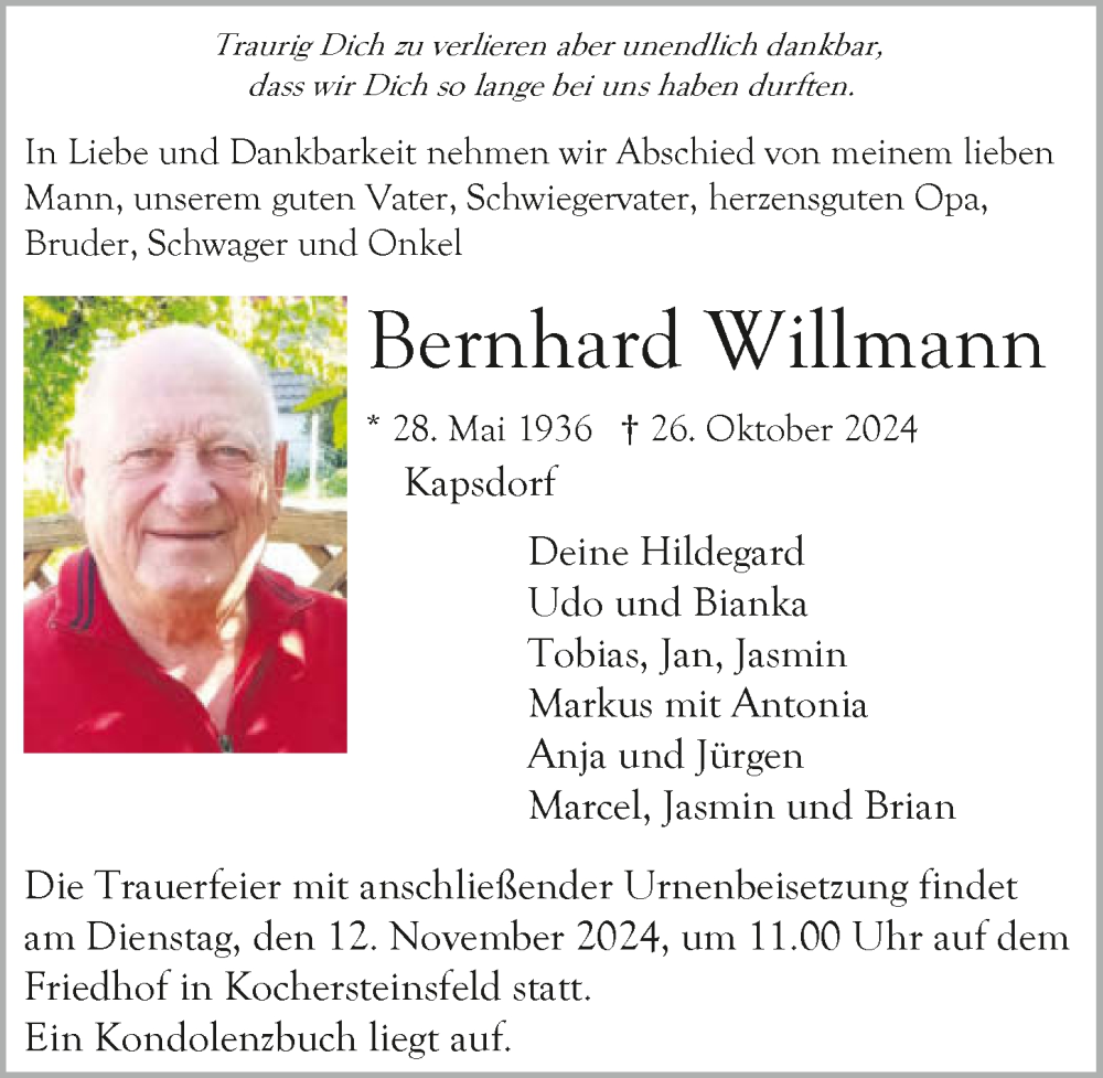  Traueranzeige für Bernhard Willmann vom 09.11.2024 aus GESAMT