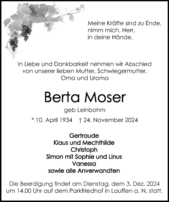 Traueranzeige von Berta Moser von GESAMT