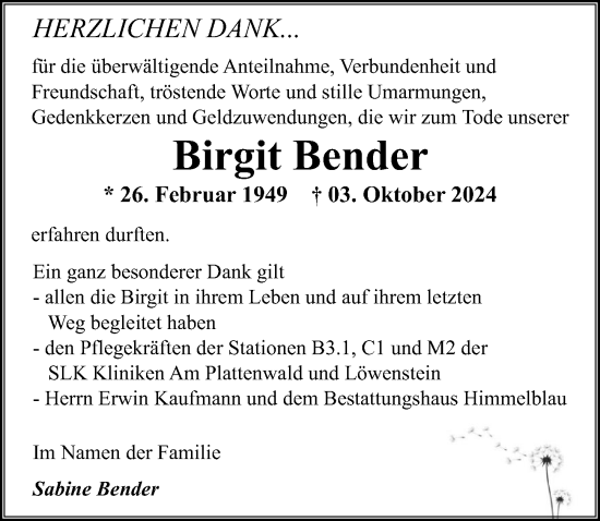 Traueranzeige von Birgit Bender von GESAMT