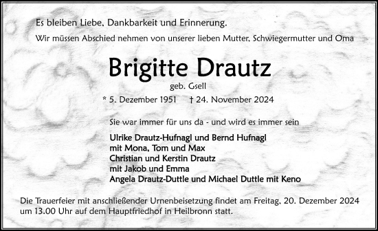 Traueranzeige von Brigitte Drautz von GESAMT