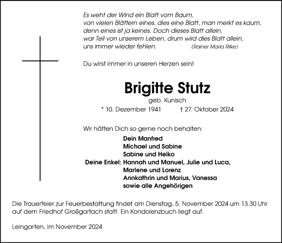 Traueranzeige von Brigitte Stutz von GESAMT