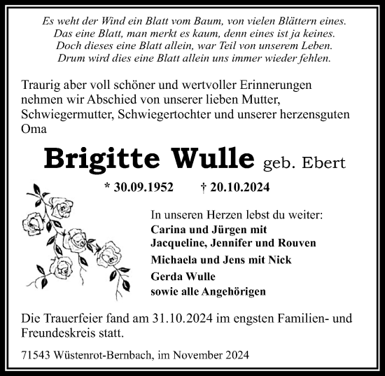 Traueranzeige von Brigitte Wulle von GESAMT