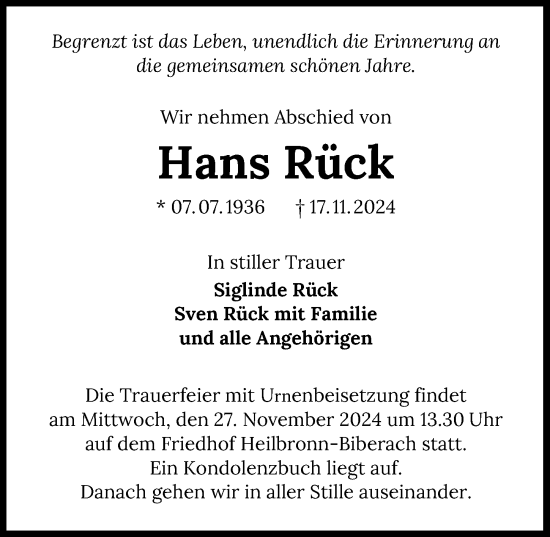 Traueranzeige von Hans Rück von GESAMT