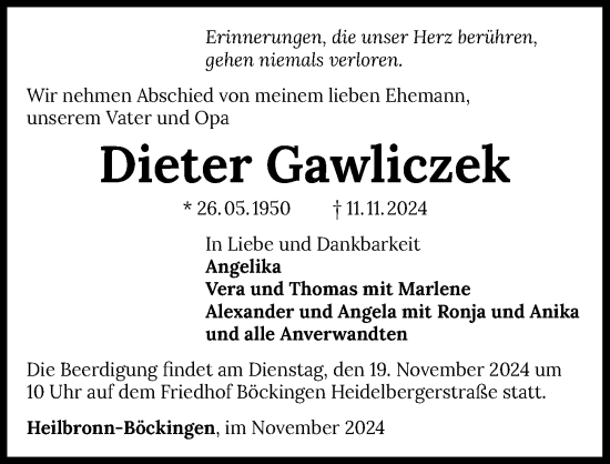 Traueranzeige von Dieter Gawliczek von GESAMT