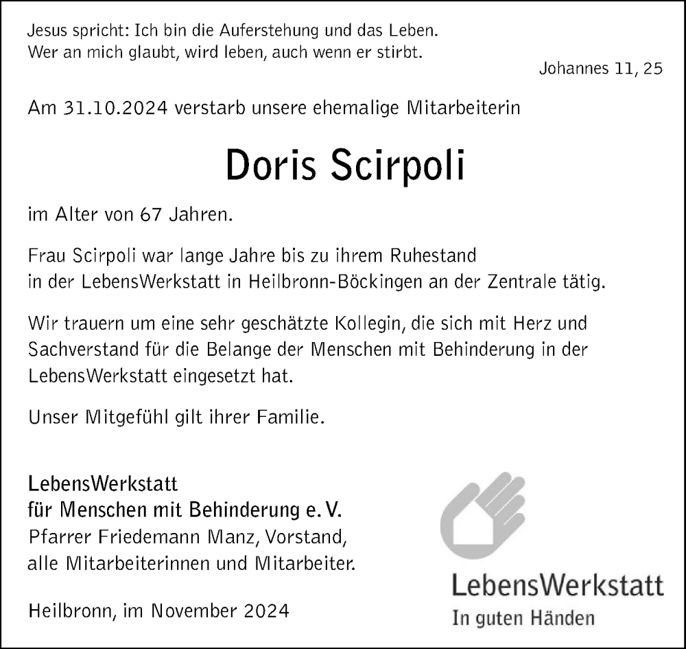  Traueranzeige für Doris Scirpoli vom 08.11.2024 aus GESAMT