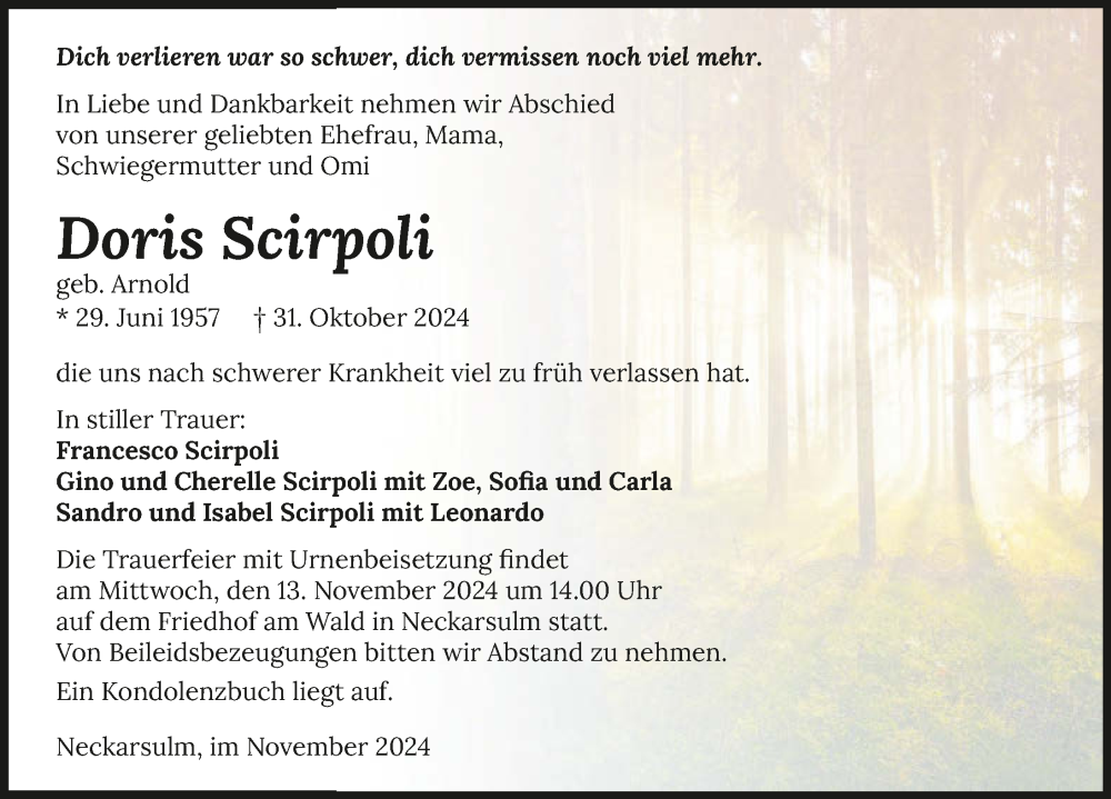  Traueranzeige für Doris Scirpoli vom 09.11.2024 aus GESAMT