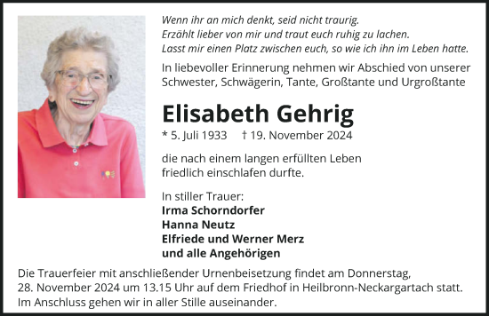 Traueranzeige von Elisabeth Gehrig von GESAMT