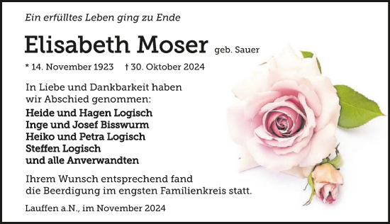 Traueranzeige von Elisabeth Moser von GESAMT